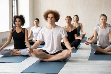 Yoga yapan çeşitli insanlar, Sukhasana egzersizi, kolay koltuk pozu.
