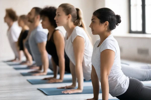 Diverse people doing upward facing dog exercise, practicing yoga — Stock Photo, Image