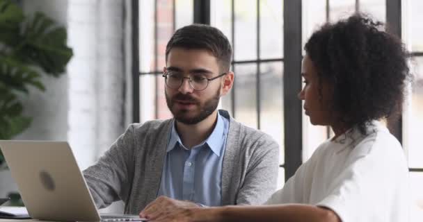 Caucasian salesman handshake african customer sign contract at business meeting — 비디오