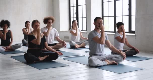 Ludzie dotykają czakry Ajna otwierając trzecie oko medytując razem — Wideo stockowe