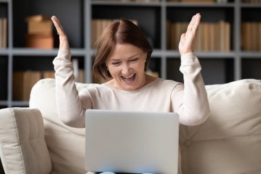 Heyecanlı orta yaşlı kadın zaferi dizüstü bilgisayardan iyi haberler okuyor.