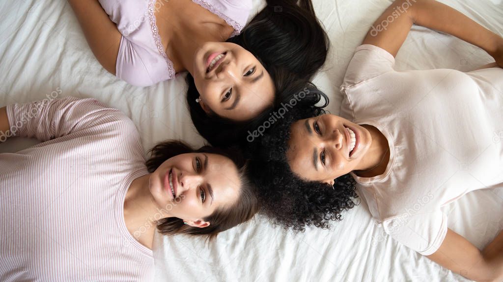 Top view portrait of happy girls celebrate party