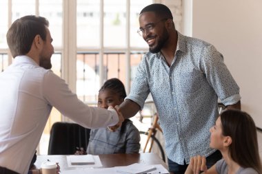 Gülümseyen çeşitli meslektaşlar el sıkışırken tanışırlar.