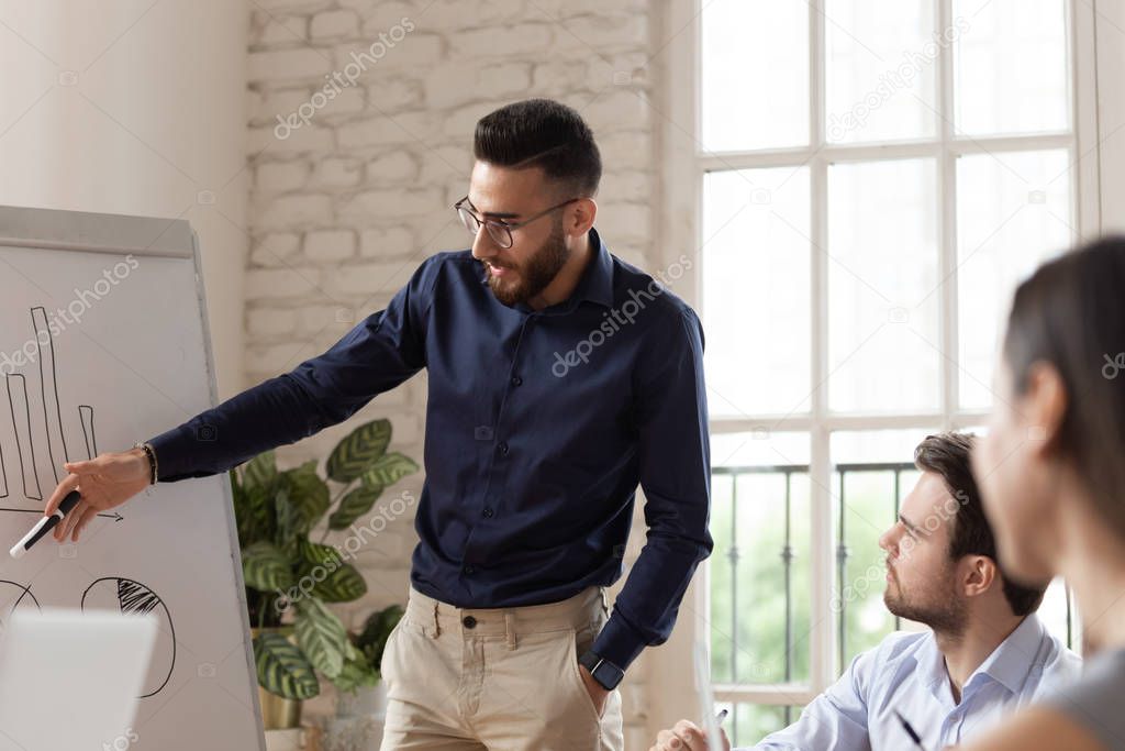 Millennial Arabic businessman present plan on office meeting