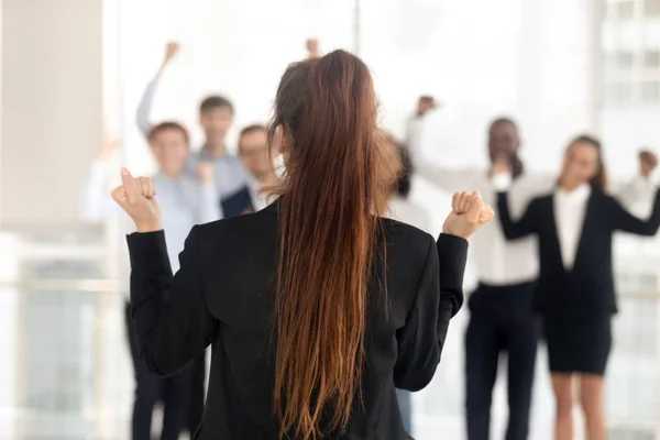 Successful female team leader make speech unify motivate colleagues — Stock Photo, Image