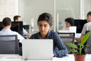 Odaklanmış kadın stajyer ofiste dizüstü bilgisayarla çalışıyor.