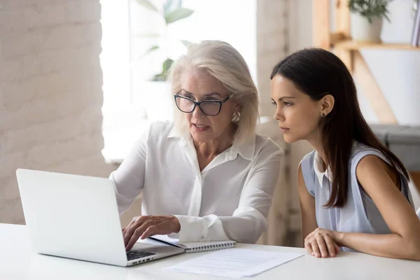 Mature woman mentor explain intern corporate application seated at desk — ストック写真