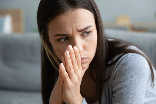 Close up unhappy young woman thinking about problems alone — Stock Photo, Image