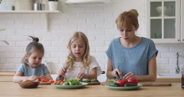 Mutlu genç anne komik küçük kızları eğitiyor yemek hazırlıyor.. — Stok video