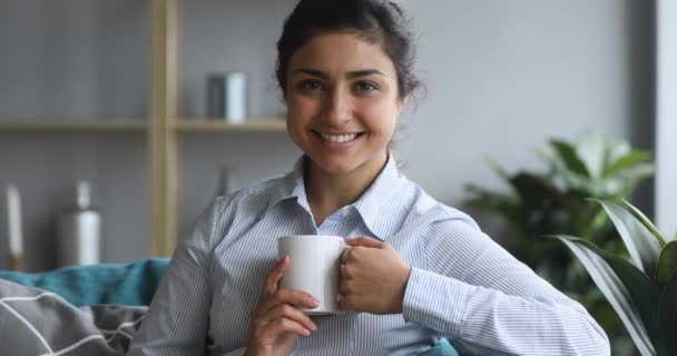 Portrait of happy indian woman relaxing at home drinking coffee — 비디오