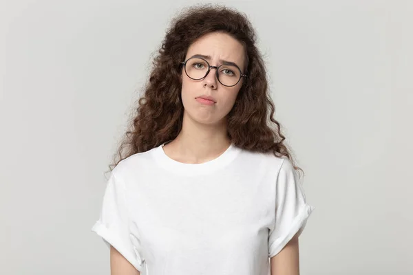 Tired exhausted millennial woman in eyewear feeling bored. — Stock Photo, Image