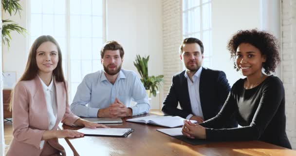 Business executive team looking at camera make conference video call — 비디오