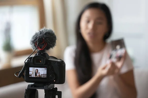 Professional camera shooting blogger recording video at home — Stock Photo, Image