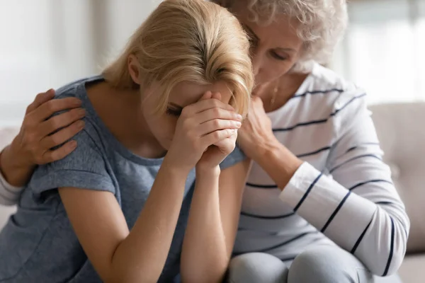 Older mature mommy comforting soothing supporting adult child. — Stock Photo, Image