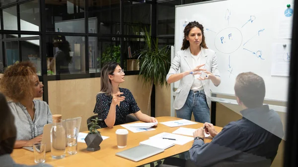 Female speaker hold meeting make board presentation for colleagues — Stock Photo, Image