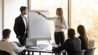 Grup toplantısında şirket patronu ve eğitmeni sunum yapıyor.