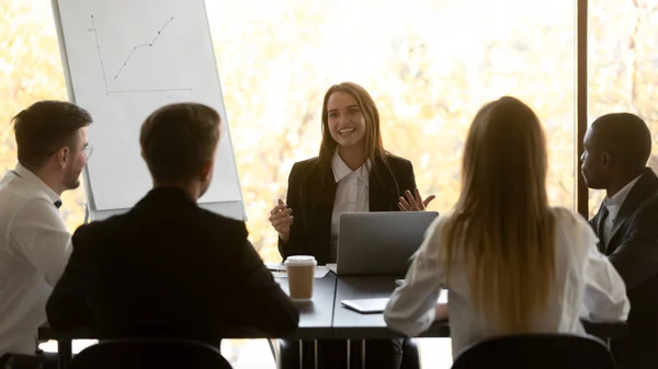 Investors listen female company representative giving presentation makes offer — Stock Photo, Image