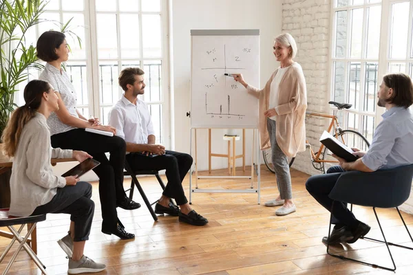 Smiling middle-aged speaker make whiteboard presentation in office — Stock Photo, Image