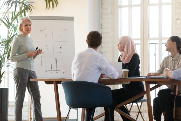 Medelålders kvinnlig coach gör presentation för olika kollegor — Stockfoto