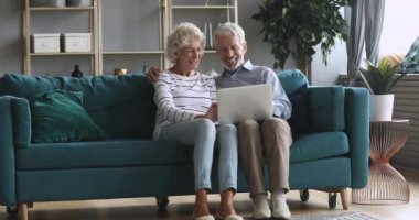 Happy older family couple using computer, shopping online.