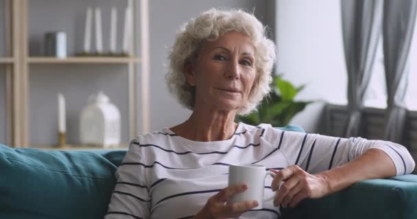 Glückliche ältere Großmutter ruht auf gemütlichem Sofa. — Stockvideo