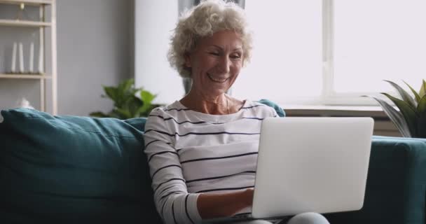 Glücklich aufgeregte Oma mittleren Alters blickt auf Laptop-Bildschirm. — Stockvideo
