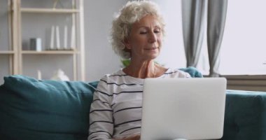 Happy senior grandmother using computer, sitting alone in living room.