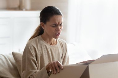 Disappointed female client frustrated by wrong online order