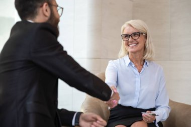 Multi-racial businesspeople starting business meeting or job interview handshaking