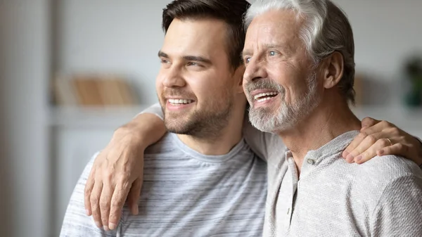 Dreamy positive two male generations family planning future. — Stock Photo, Image