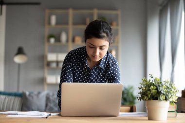 Focused ethnic girl working on laptop in living room