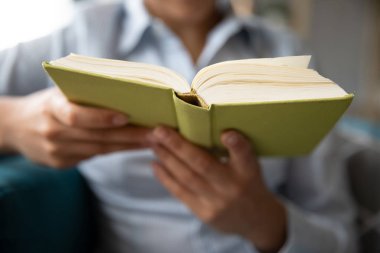 Young woman sit on couch reading book