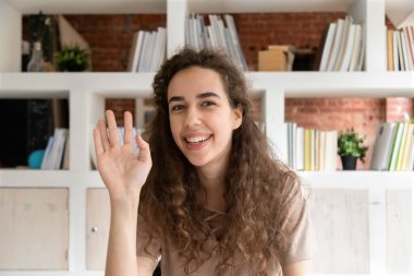Head shot portrait smiling woman waving hand, using webcam