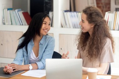 Financial insurer female advisor consulting smiling Asian woman client