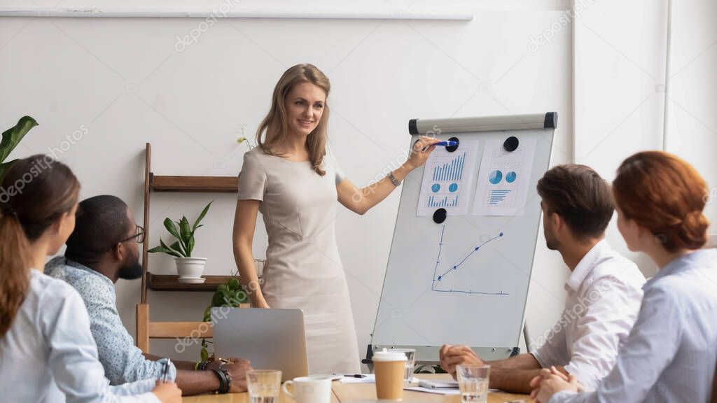 Confident businesswoman presenting project results on whiteboard