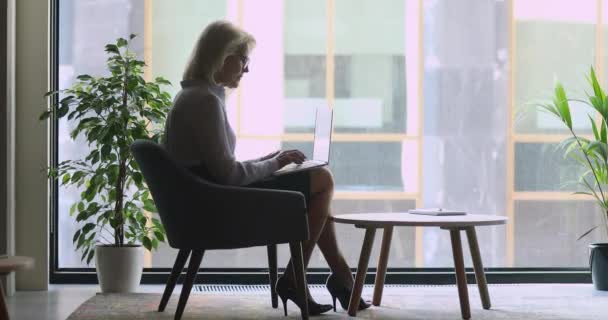 Mujer de negocios mayor confianza concentrada sentada cerca de la ventana, trabajando en la computadora . — Vídeo de stock