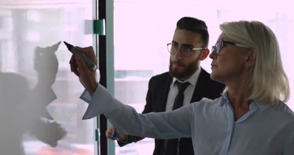Líder feminina madura concentrada gerenciando o processo de trabalho com colega árabe . — Vídeo de Stock