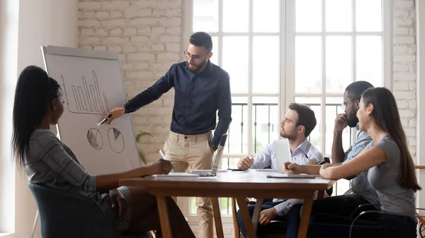 Mellanösterns etnicitet chef undervisar personal under seminarium i styrelserummet — Stockfoto