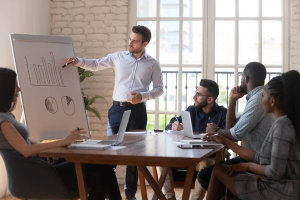 Konfidensiell forretningstrener holder presentasjon på flipchart under seminaret – stockfoto