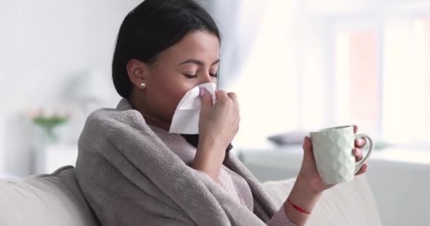 Ill young african woman covered with blanket sneezing blowing nose — Stock Video