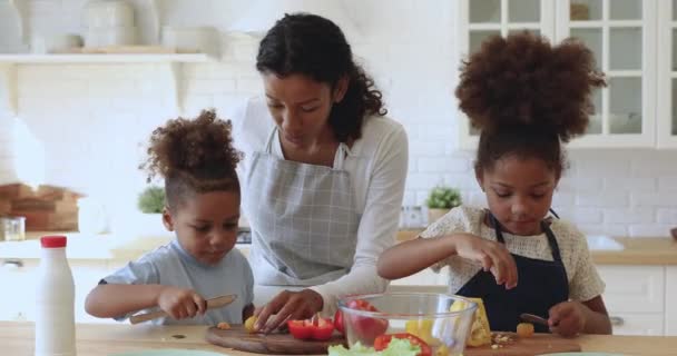 Jeune maman afro-américaine enseignant aux petits enfants la coupe de légumes frais . — Video