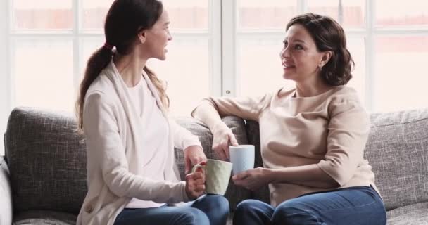 성숙 한 어머니와 어린 딸 이 소파에서 차를 마시며 이야기하는 모습 — 비디오