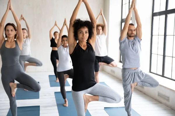 Grupo de personas multiétnicas que practican Tree Pose o Vrikshasana — Foto de Stock