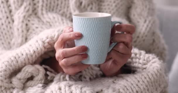 Mujer mayor cubierta con cuadros bebiendo té, vista de cerca — Vídeo de stock