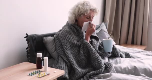 Ill avó sênior soprando nariz pego frio sentado na cama — Vídeo de Stock