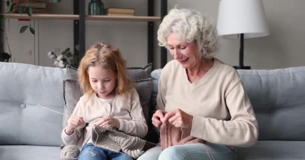 Happy 2 generations family grandmother and granddaughter knitting together — Stockvideo