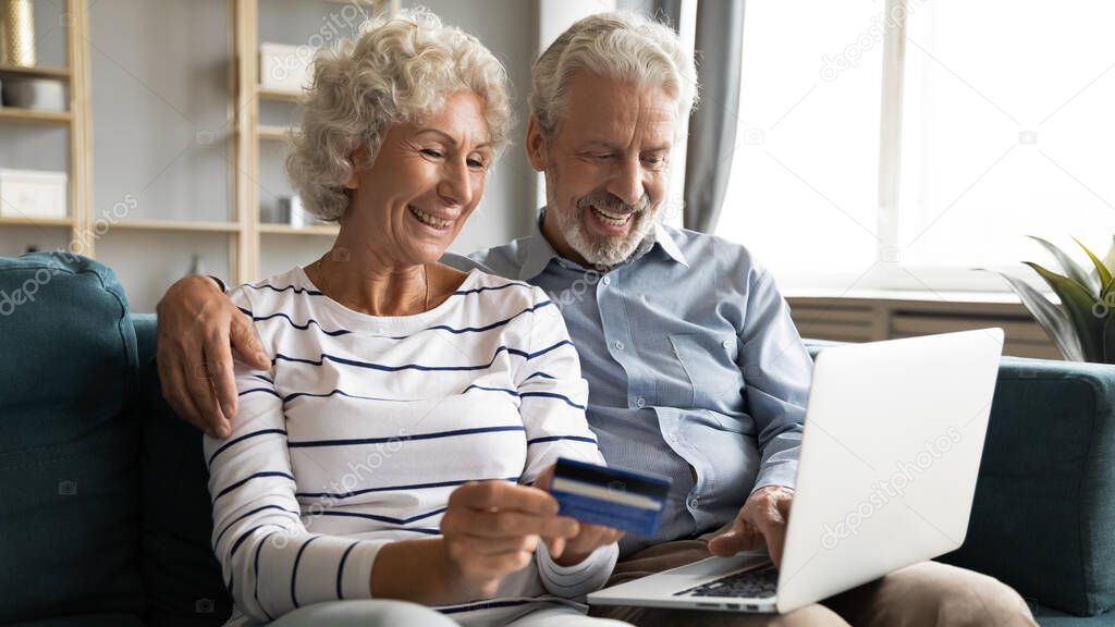 Smiling elderly couple customers shopping online at home