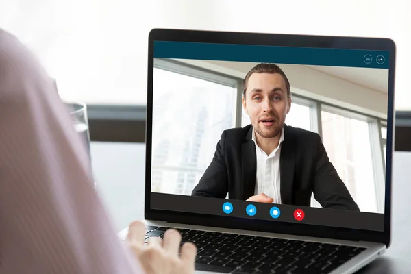 Businesswoman having distant talk with colleague through videocall screen view — Stock Photo, Image