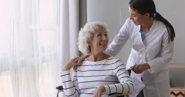 Agradável jovem cuidador voluntário médico trabalhador falando com a mulher com deficiência . — Vídeo de Stock