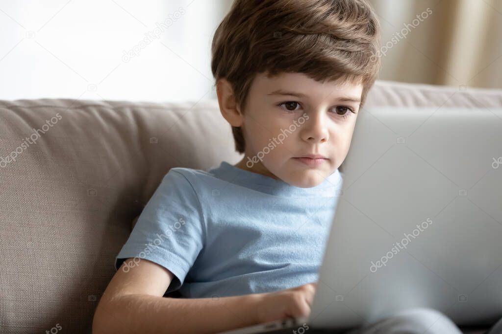 Smart little boy using laptop at home